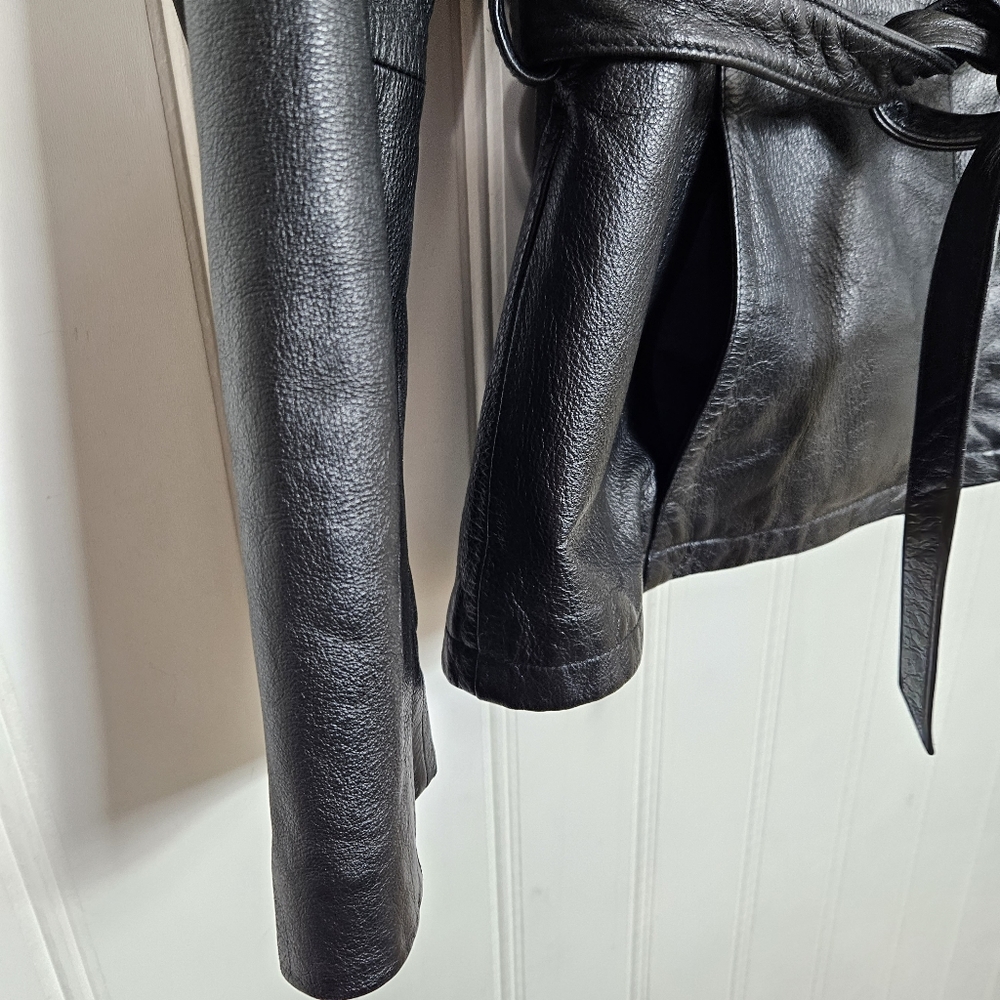 Vintage Wilson Maxima Black Leather Belted Trench Coat Jacket Size S Cinch Waist - Picture 4 of 12